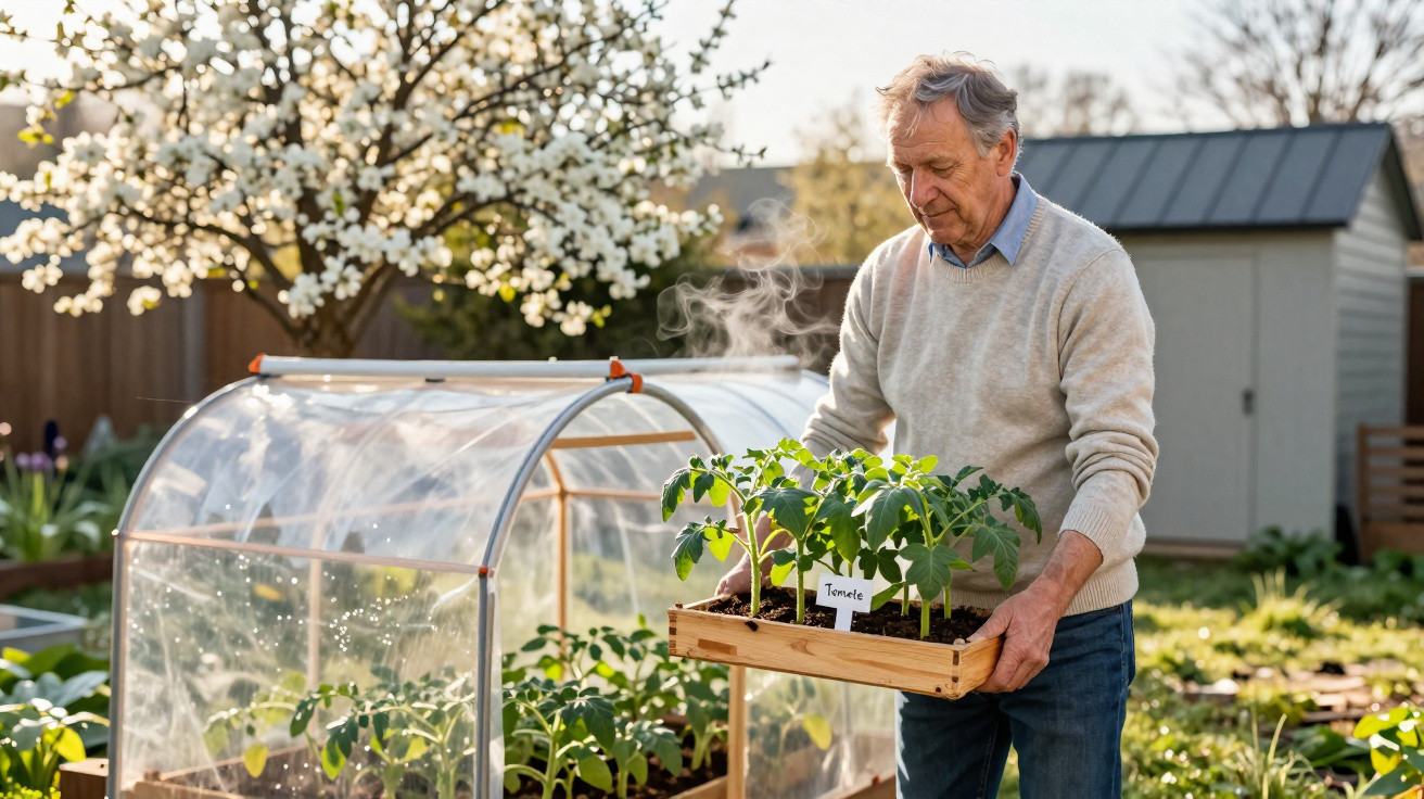 Elderly man holding a wooden tray of tomato seedlings in a garden next to a small greenhouse on a sunny day.