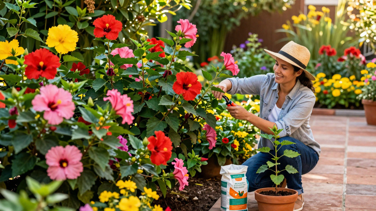Woman wearing a hat pruning colourful hibiscus flowers in a sunny garden with gardening supplies nearby.