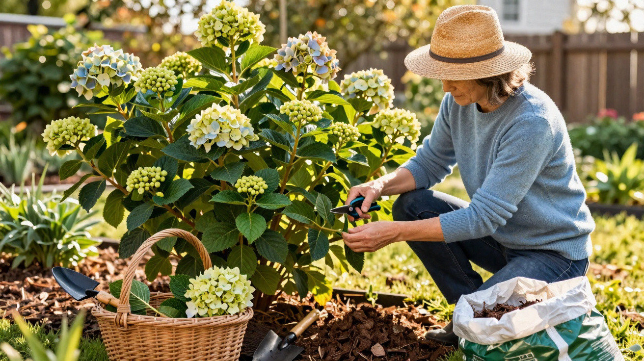 Woman in a hat pruning hydrangea flowers in a sunny garden with gardening tools and a basket nearby.