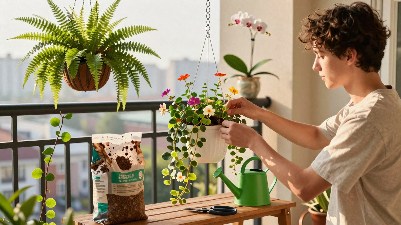 Young man tending colourful hanging flowers on balcony with gardening tools and watering can nearby