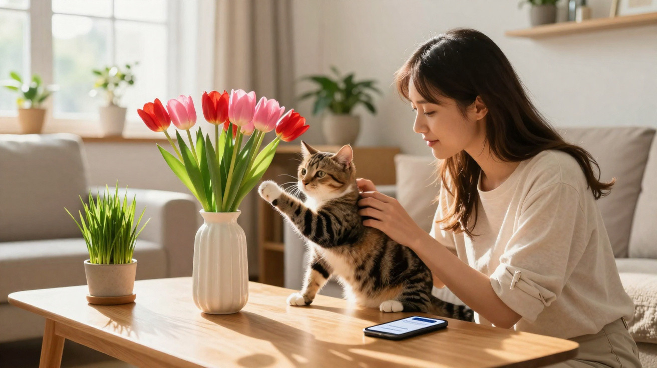 Woman sitting at a wooden table petting a tabby cat reaching for a vase of red and pink tulips.