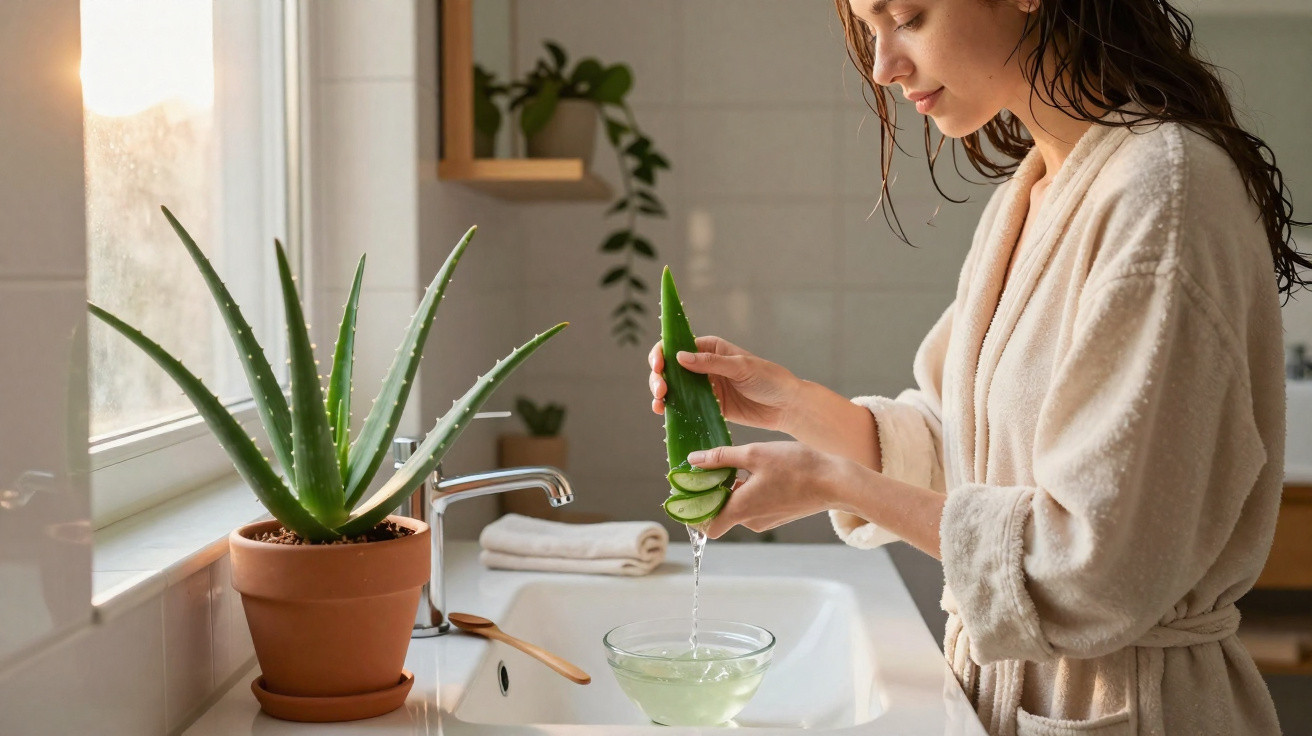 Woman in bathrobe extracting gel from aloe vera leaf over a bathroom sink with aloe plant nearby.