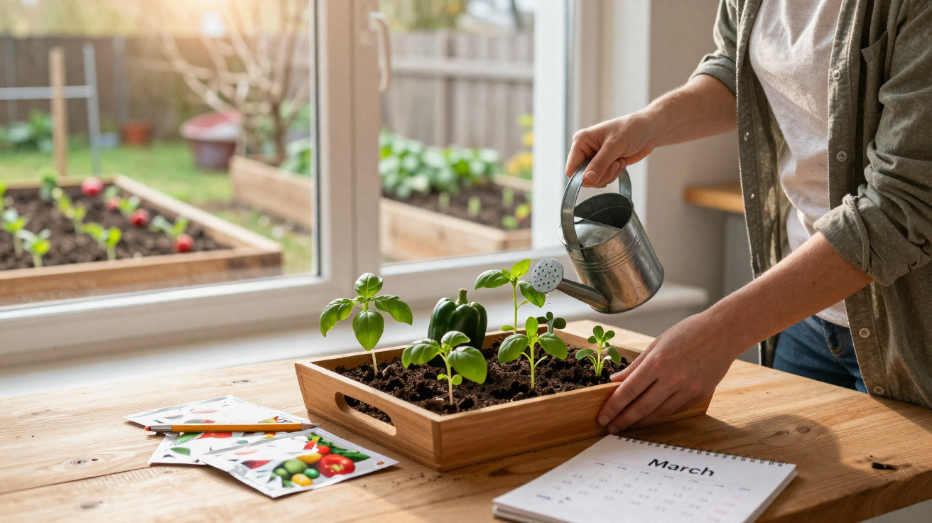 Person watering seedlings in a wooden tray by a window with seed packets and a March calendar nearby.