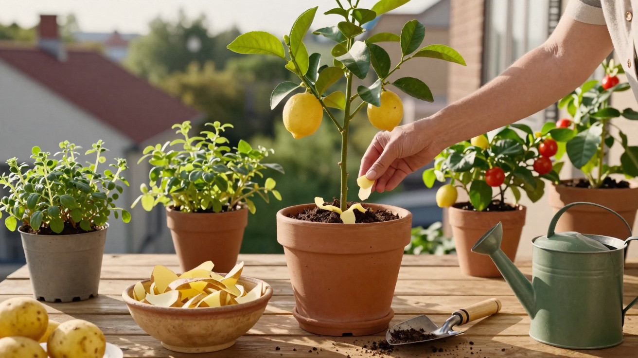 Person adding lemon peels as fertiliser to a potted lemon tree on a wooden table with other plants.
