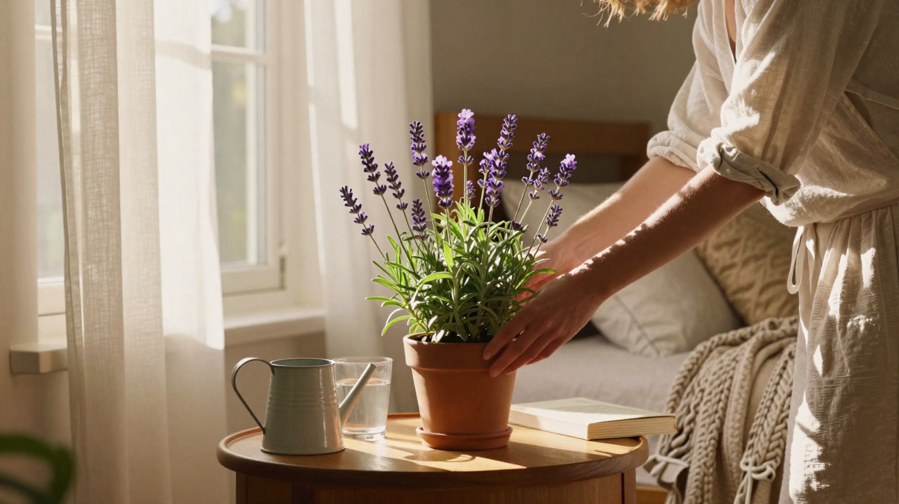 Person arranging a potted lavender plant on a wooden side table beside a watering can and book in sunlight.