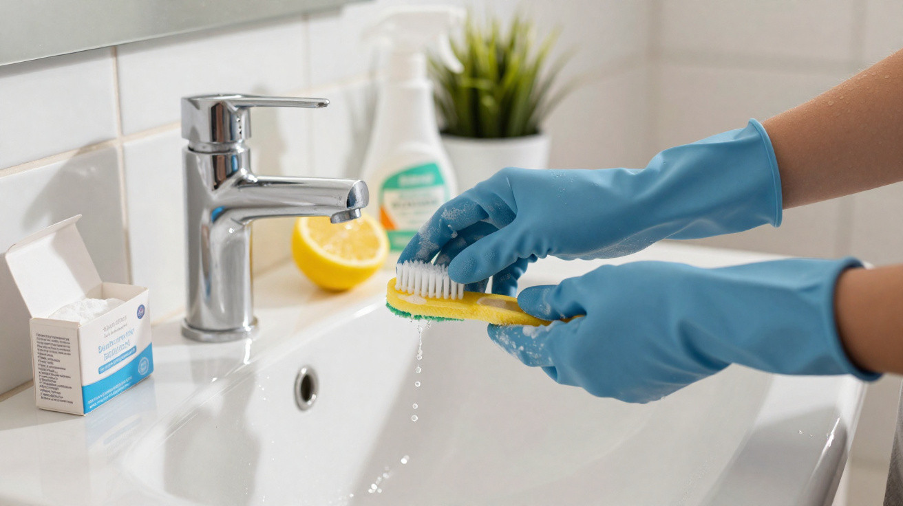 Person wearing blue gloves cleaning a yellow sponge over a white bathroom sink with running water.