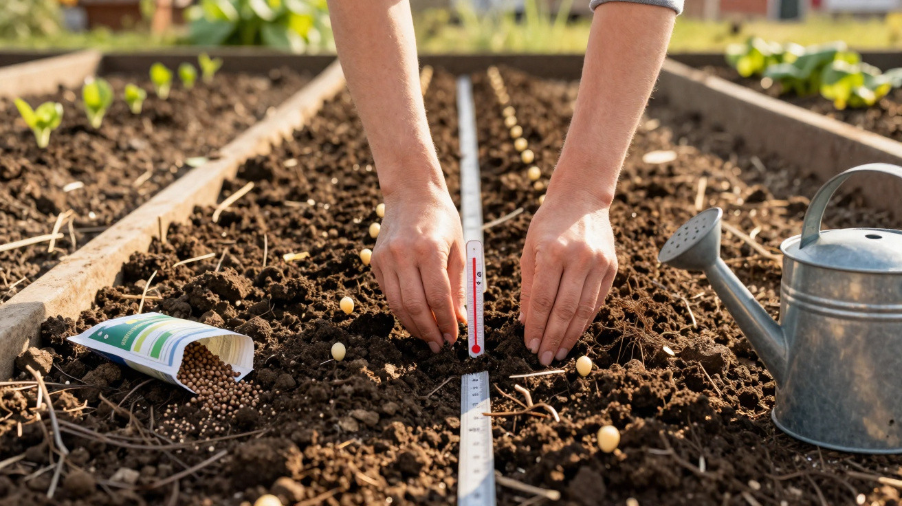 Hands planting seeds in soil along a ruler in a garden bed with a watering can and seed packet nearby.