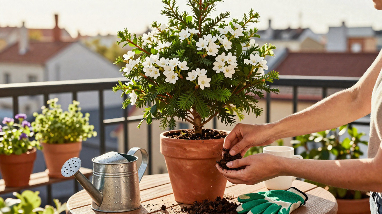 Person potting a white-flowered plant on a balcony table with gardening gloves and watering can nearby.