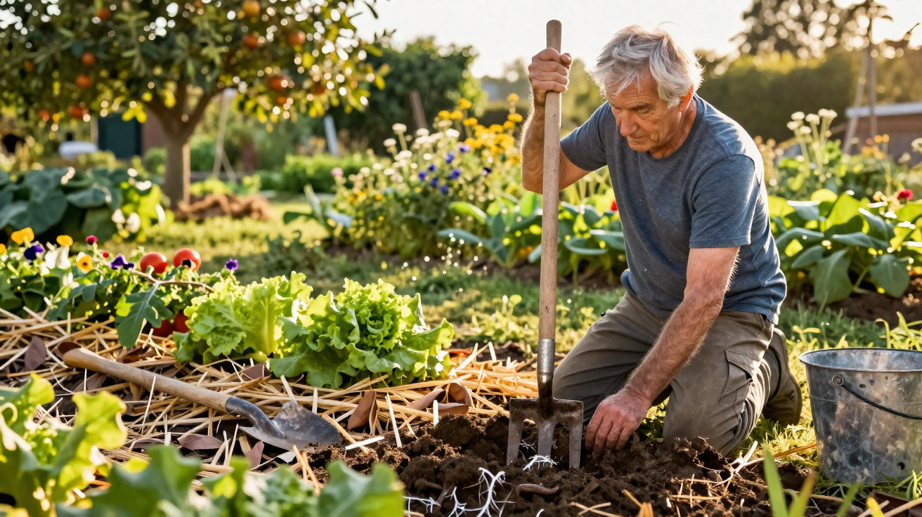 Older man kneeling and digging soil in a lush garden with gardening tools and leafy vegetables around.