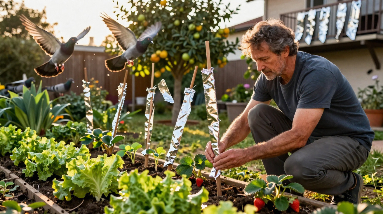 Man placing reflective strips in a vegetable garden bed with pigeons flying nearby at sunset.