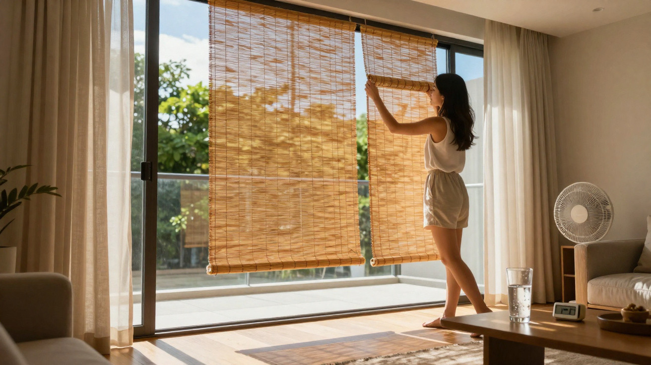 Woman adjusting bamboo blinds in a sunlit modern living room with large sliding glass doors.