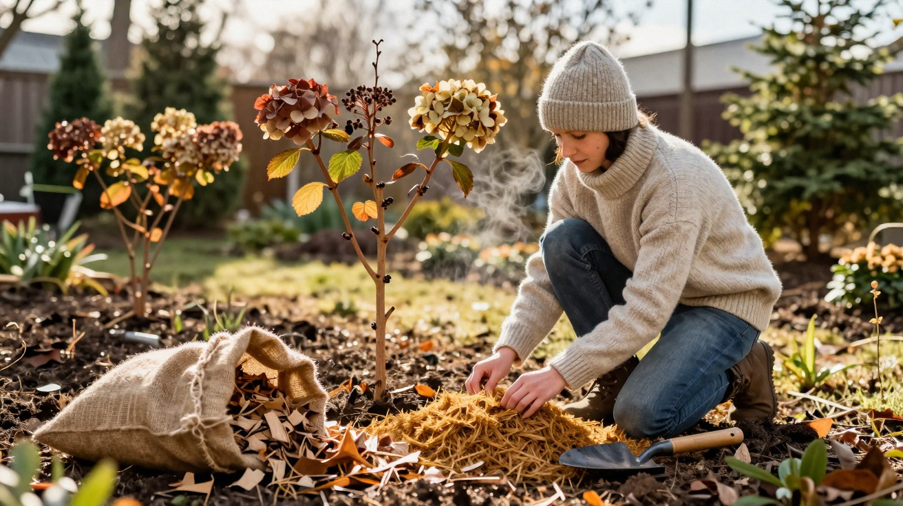 Person in warm clothing gardening with mulch and dried leaves in a sunny autumn garden.