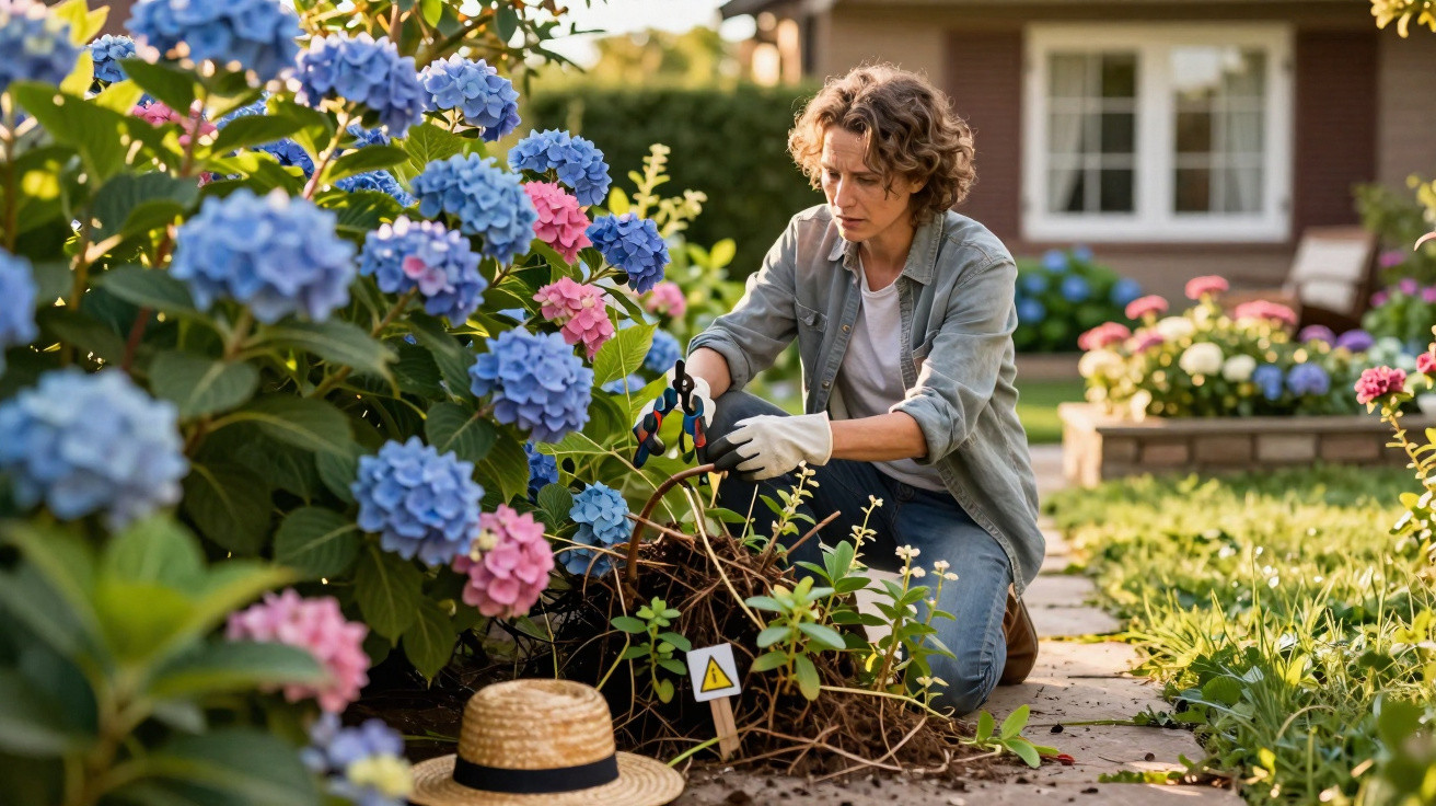 Woman wearing gloves pruning hydrangea flowers in garden on sunny day next to straw hat on path