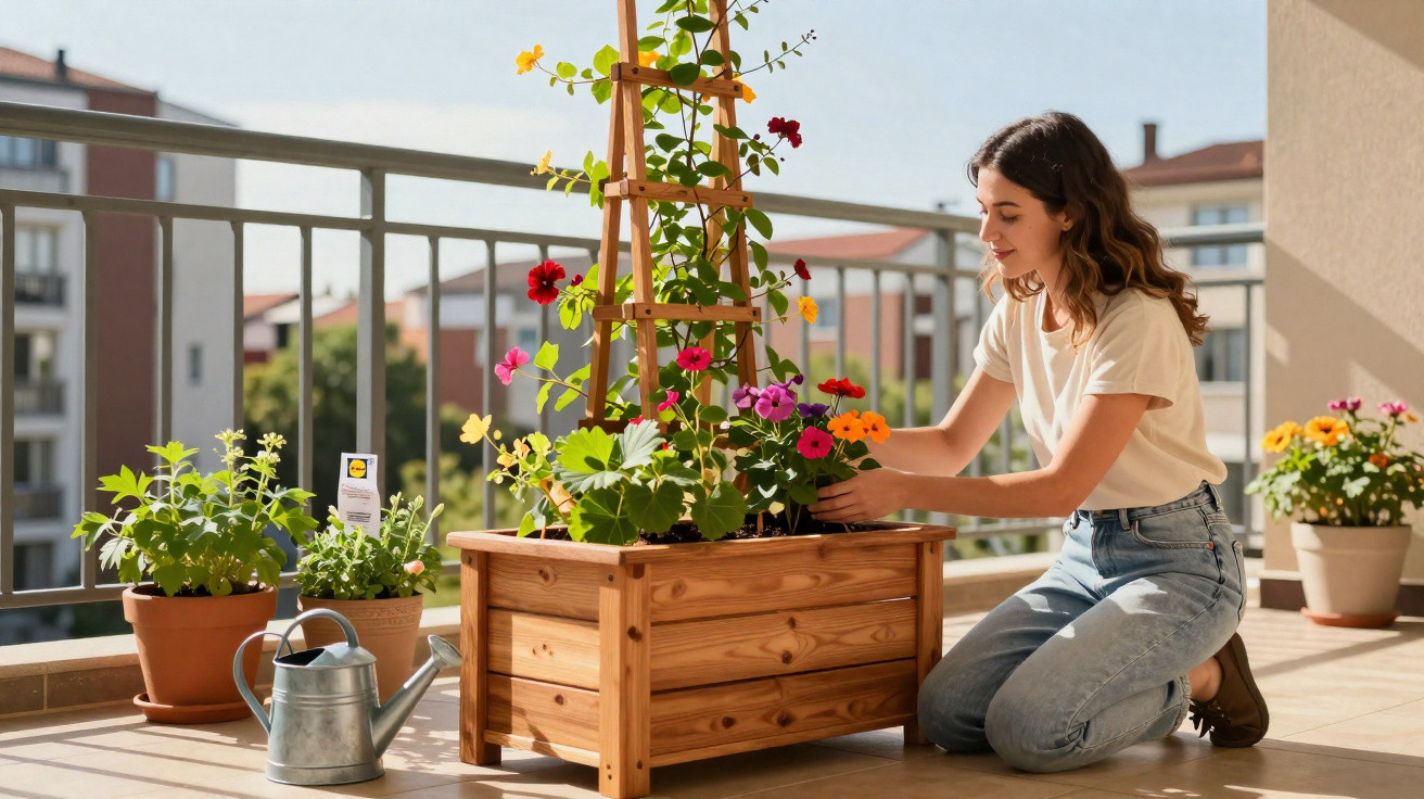 Woman tending colourful flowers in wooden planter on sunny apartment balcony with watering can nearby