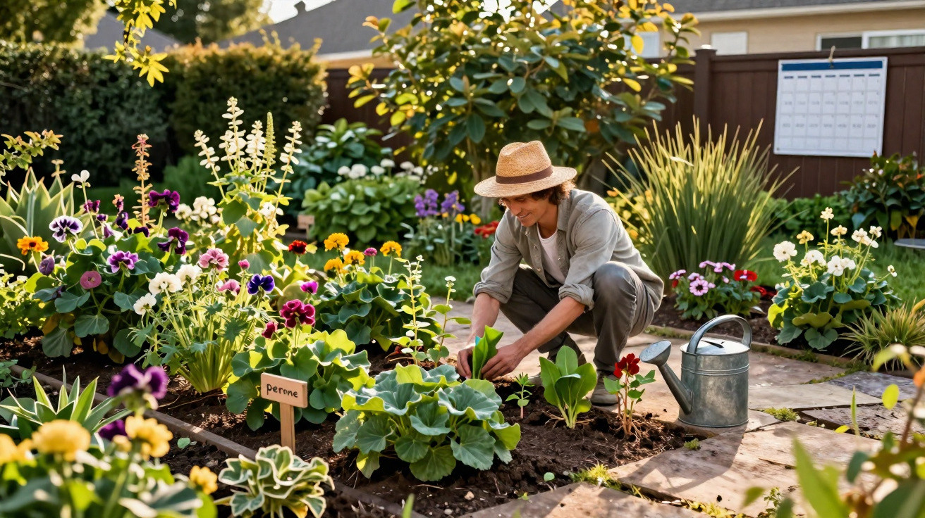 Person wearing a hat gardening among vibrant flowers and plants in a sunlit garden plot with a watering can nearby.