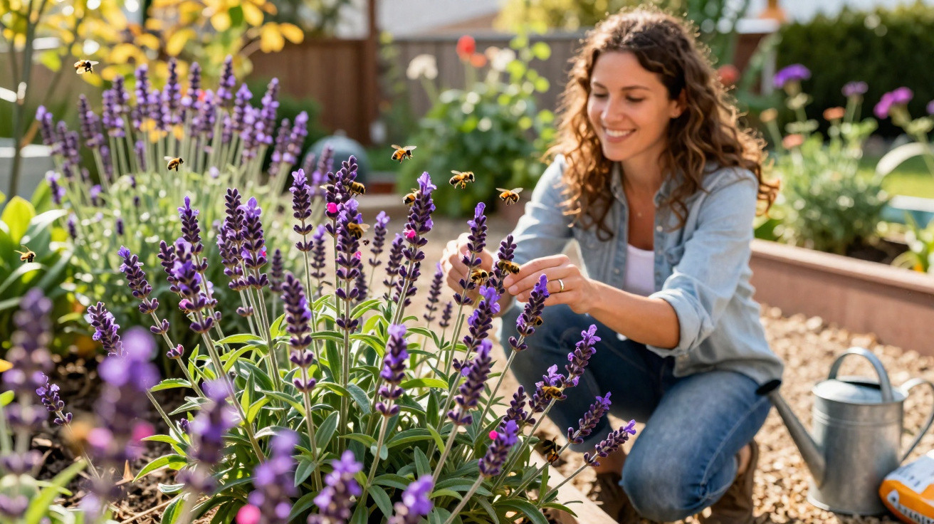 Woman tending to purple flowers in a garden with bees flying around on a sunny day