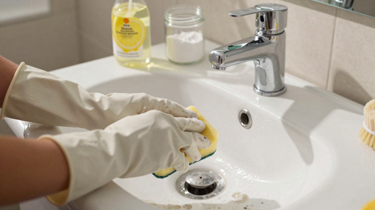 Hands wearing rubber gloves cleaning a bathroom sink with a yellow sponge and liquid soap nearby.