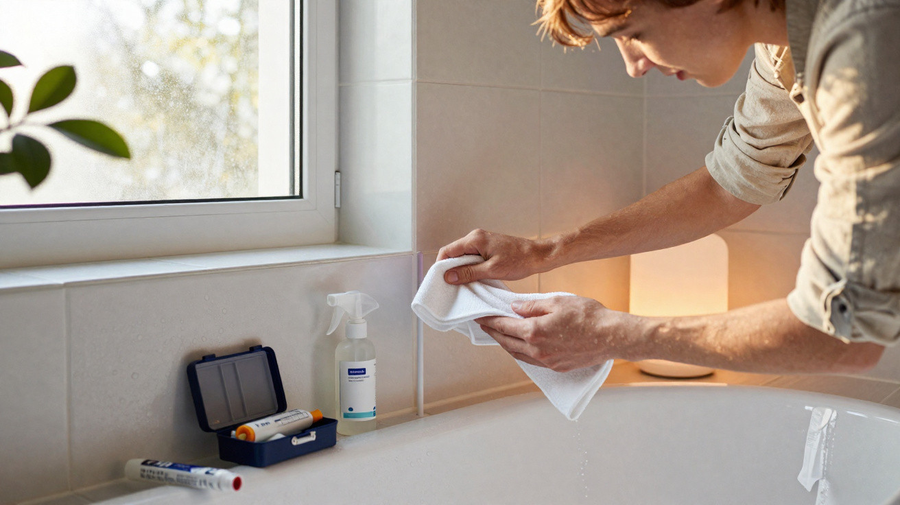 Person cleaning a white bathtub with a cloth, next to a window and various cleaning supplies.