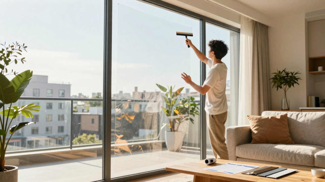 Person cleaning large glass sliding door in bright modern living room with sofa and plants.
