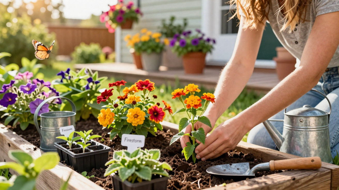 Person planting colourful Firestorm flowers in a raised garden bed with gardening tools and a butterfly nearby