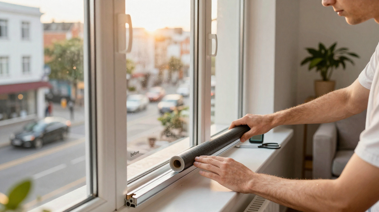 Person installing window film on a large window with a city street visible outside at sunset.