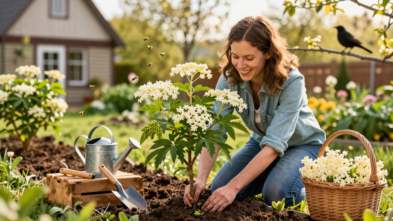 Woman gardening, planting white flowers in a sunny garden with bees, a watering can, and a basket of flowers nearby.