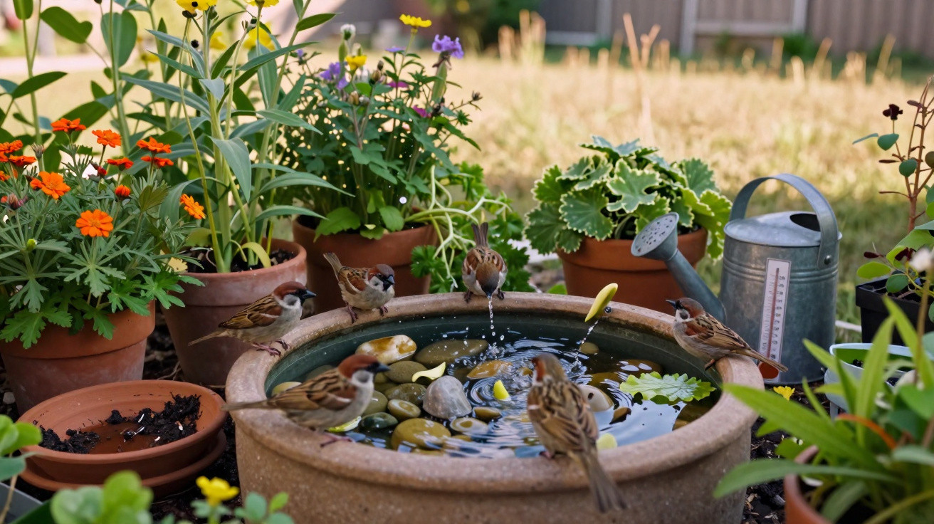 Small birds drinking from a stone water basin surrounded by potted flowers and a metal watering can in a garden.