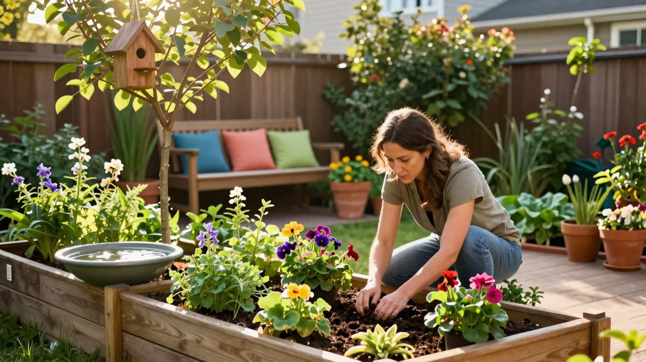 Woman gardening in a raised wooden flower bed surrounded by colourful plants in a sunny backyard.