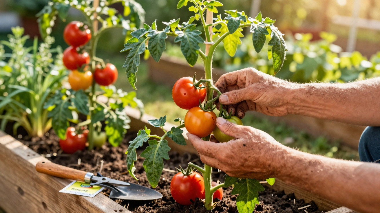Hands harvesting ripe red tomatoes from a plant in a raised garden bed with gardening tools nearby.