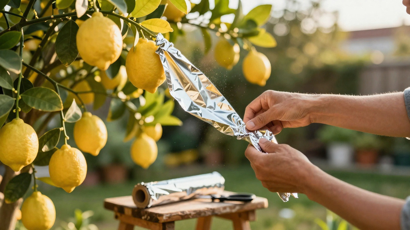 Hands wrapping a lemon on a tree with aluminium foil in a garden on a sunny day.