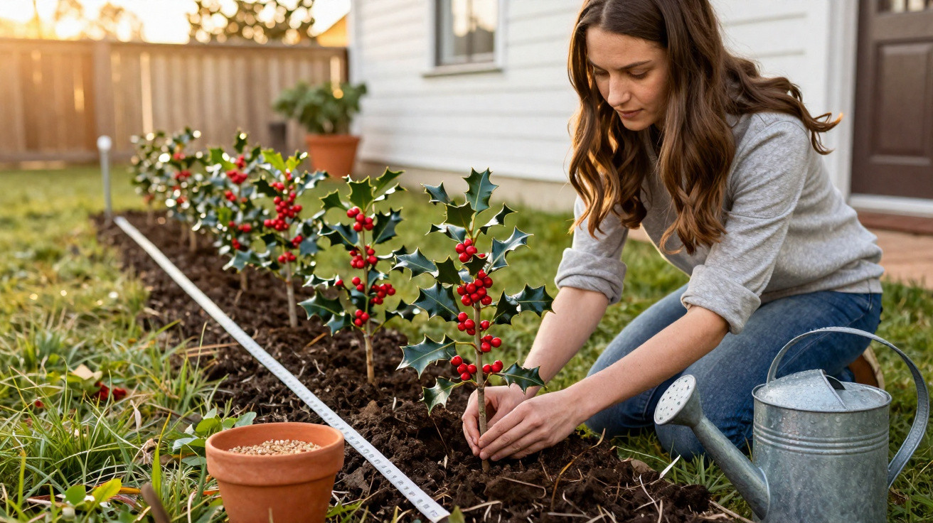 Woman planting holly bushes with red berries in a garden bed beside a house at sunset.