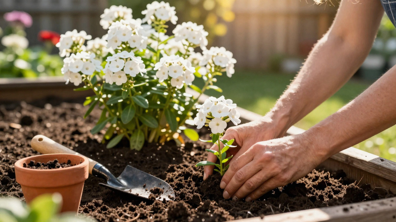 Person planting small white flowers in garden bed with trowel and flower pot nearby on sunny day