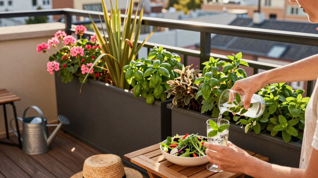 Person pouring water into a glass with fresh mint on a balcony with plants and a salad bowl on a wooden table.