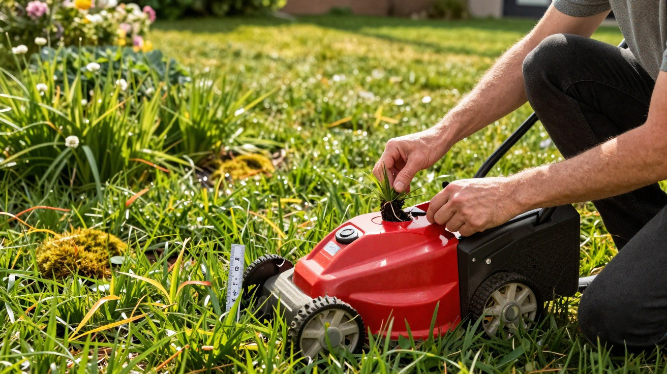 Person cleaning grass clippings from a red robotic lawn mower in a garden on a sunny day.
