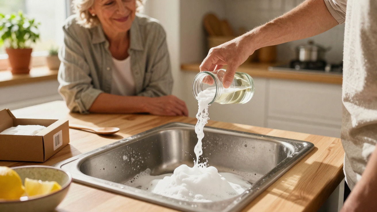 Person pouring foaming cleaner into a kitchen sink while an older woman watches and smiles nearby.