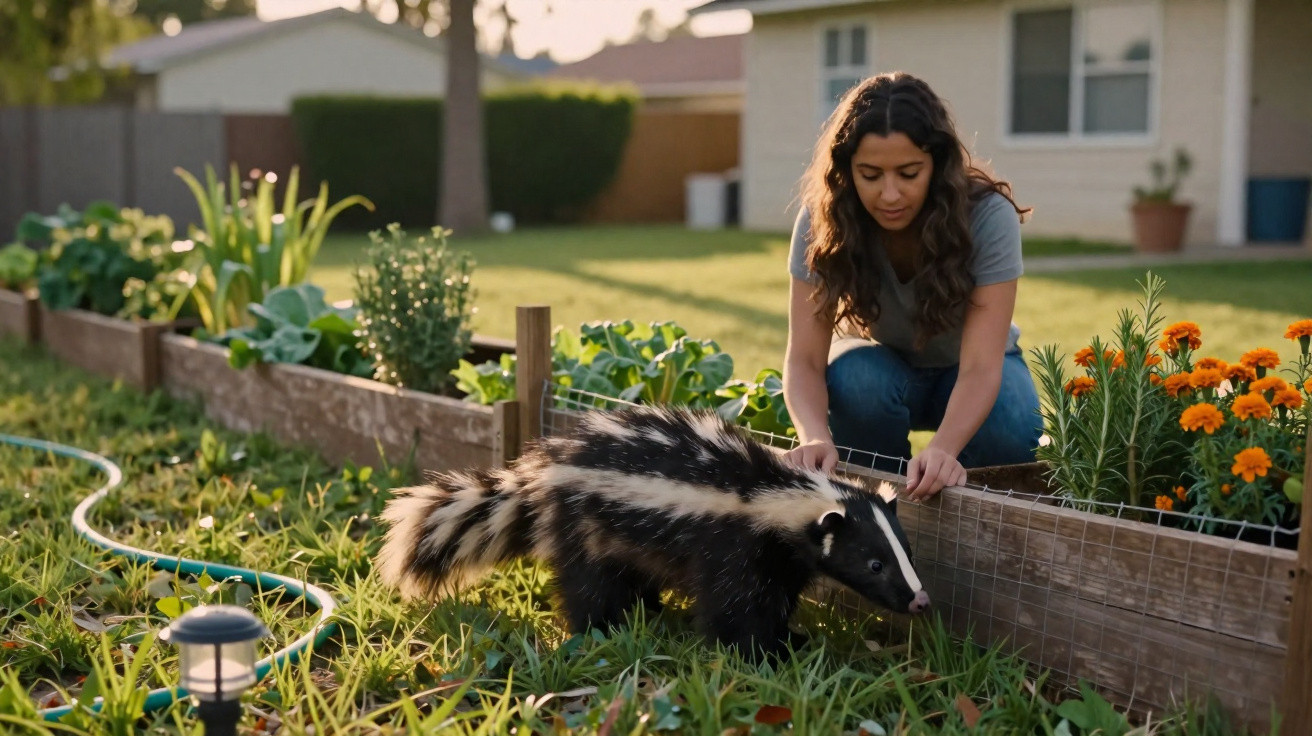 A woman crouches near a garden bed as a striped skunk walks on grass in a sunny backyard.