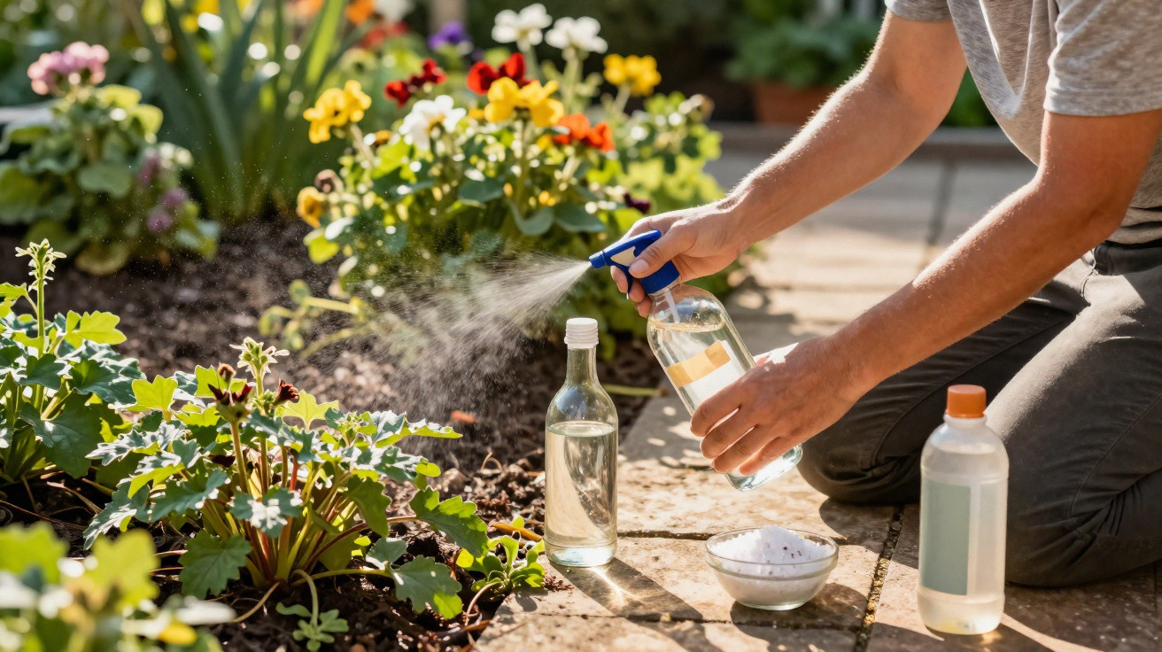 Person spraying plants with water from a spray bottle in a colourful flower garden on a sunny day.