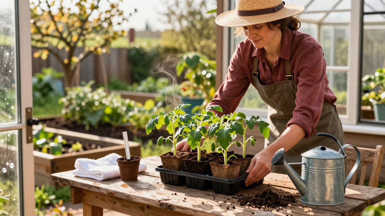 Woman wearing a straw hat and apron planting tomato seedlings on a wooden table inside a greenhouse.