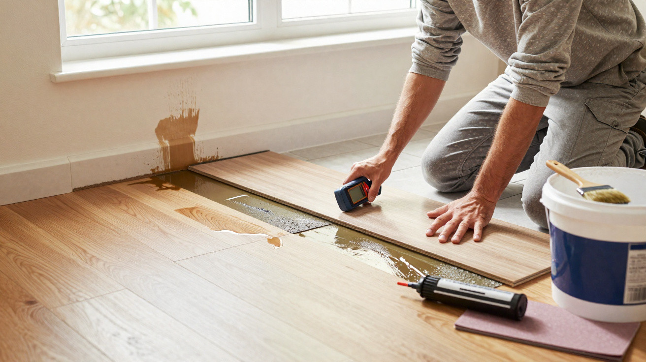 Person installing wooden laminate flooring near a window with adhesive and tools nearby.