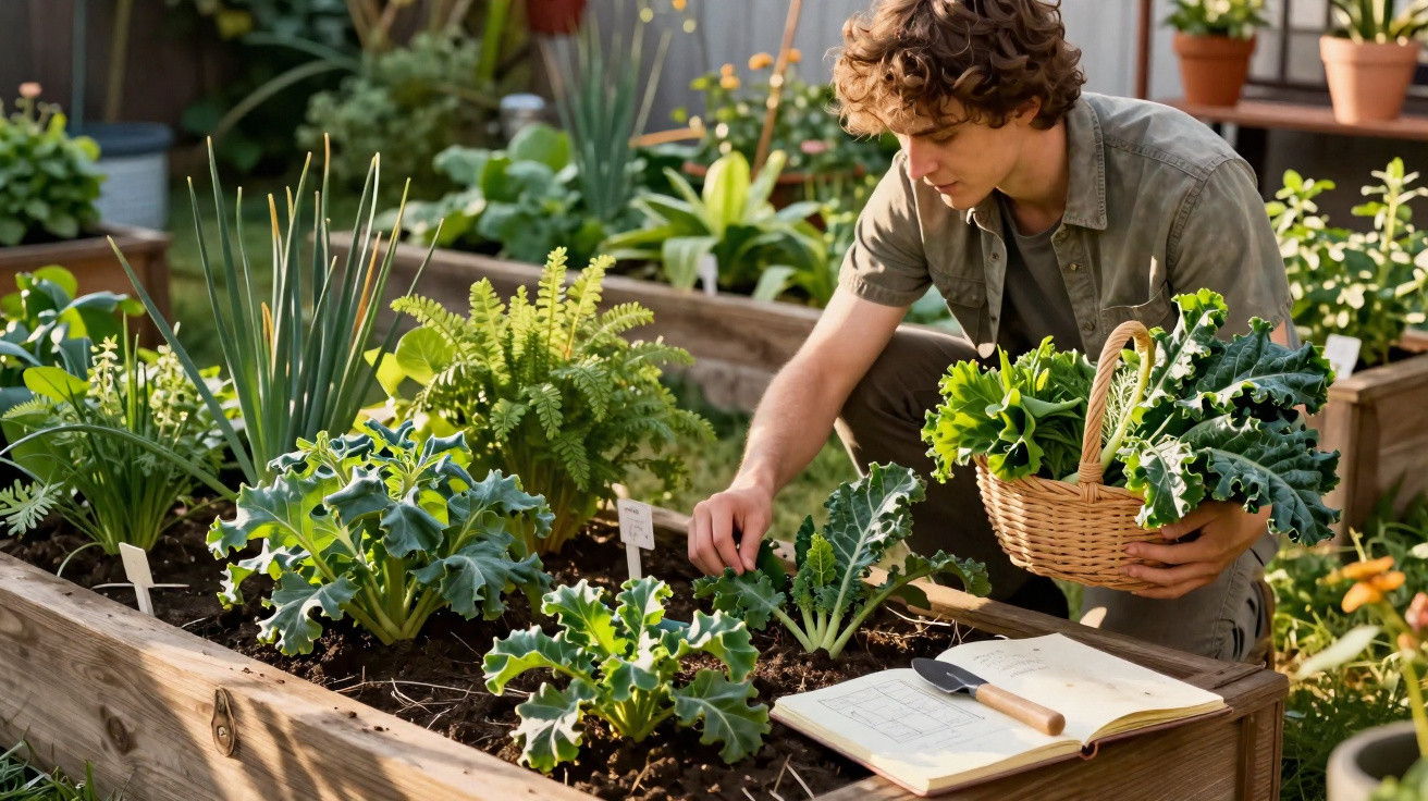 Man harvesting kale from a raised garden bed with a basket and notebook nearby in a home garden.