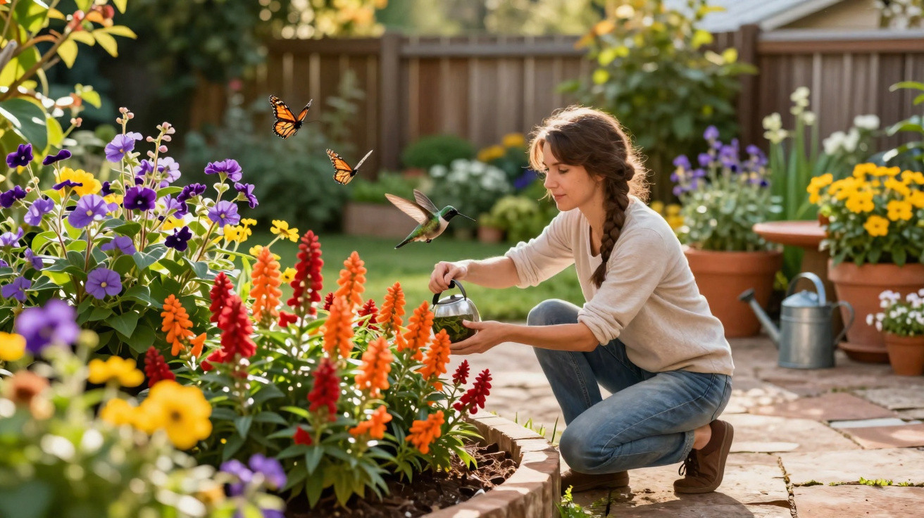 Woman watering colourful flowers in a garden with butterflies and a hummingbird nearby on a sunny day.