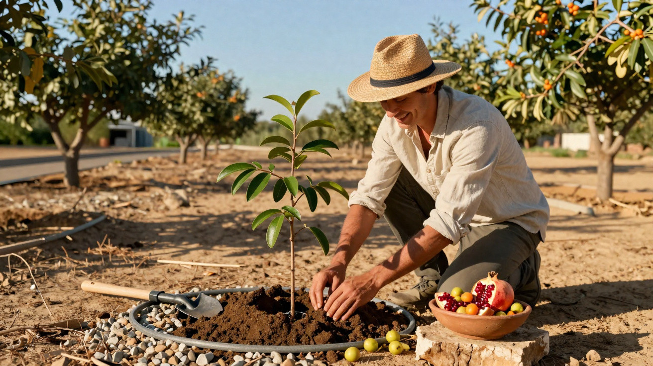 Man in a straw hat planting a small tree in a sunny orchard with a bowl of fresh fruit nearby.