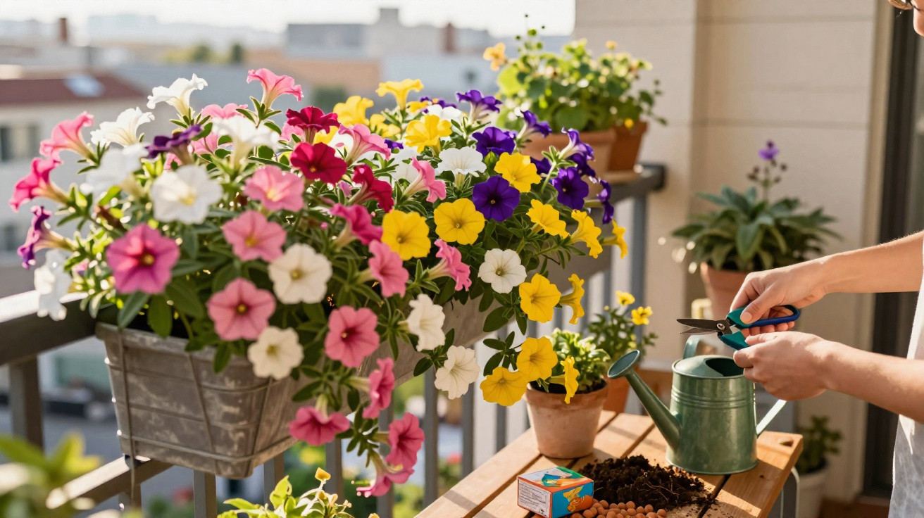 Colourful petunias in pots and a person pruning them on a sunny balcony with gardening tools and watering can.