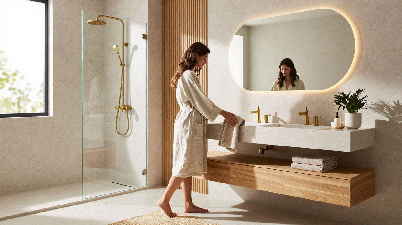 Woman in a bathrobe arranging towels in a modern bathroom with floating wooden vanity and backlit mirror.