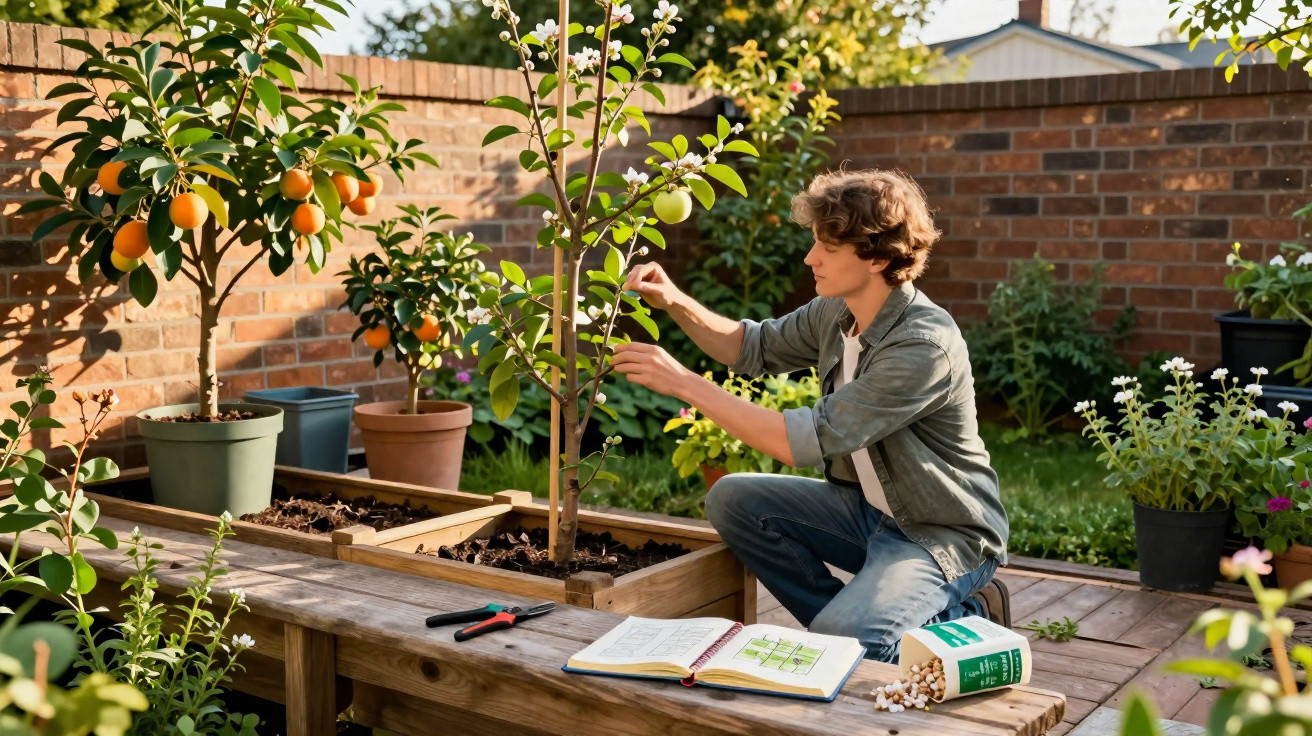 Young man tending to fruit trees in a sunny garden with gardening tools and a book on a wooden bench.