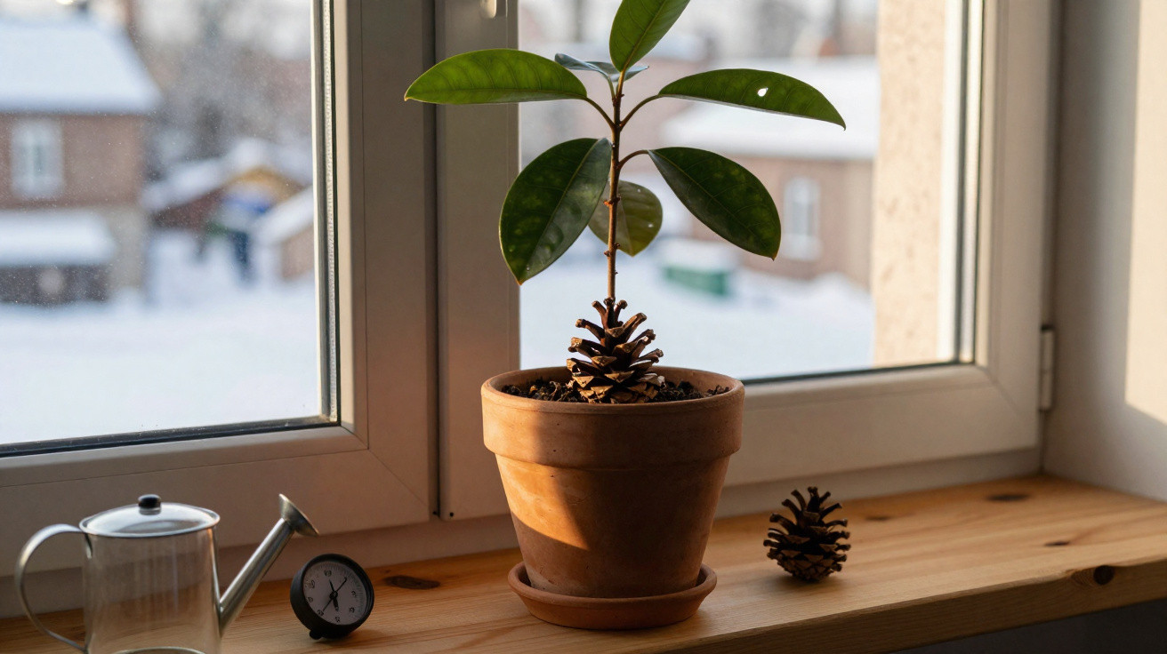 Small potted plant with large green leaves and pine cone on a wooden windowsill with a watering can and clock.