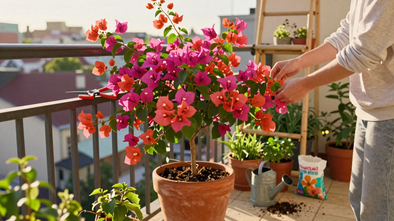 Person tending to a vibrant bougainvillea plant in a terracotta pot on a sunny balcony.