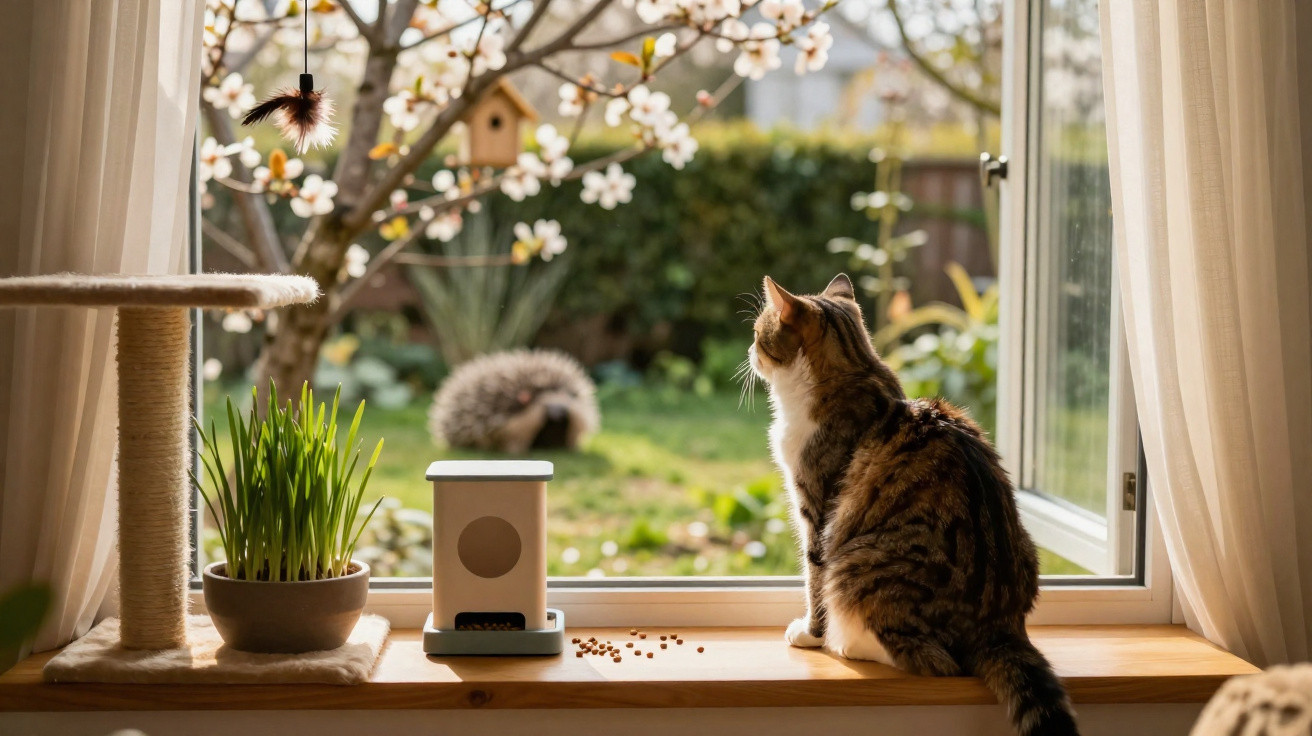 Tabby cat sitting on a windowsill looking outside at a garden with a hedgehog and blossoming tree.