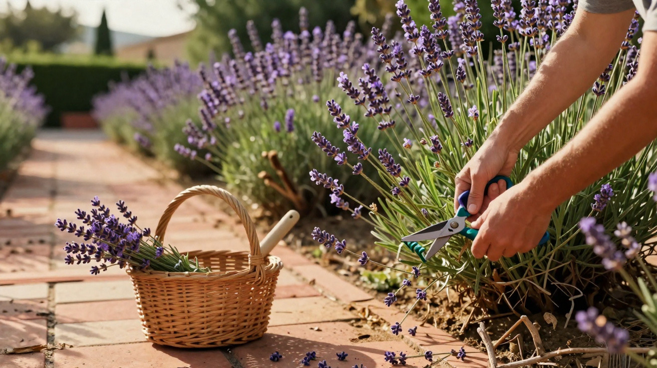 Person harvesting lavender flowers with scissors into a wicker basket on a sunny garden path.