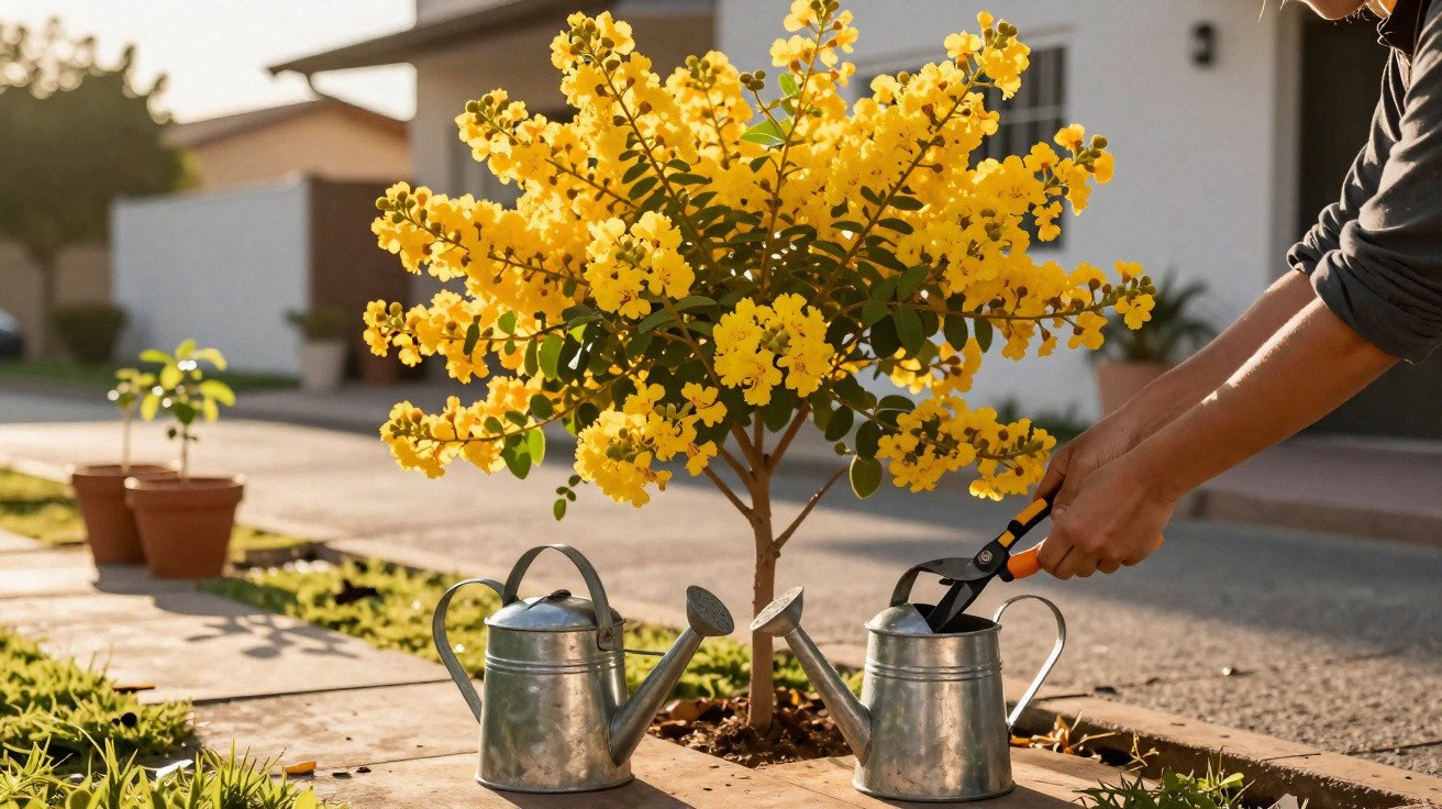 Person pruning a small tree with bright yellow flowers outdoors near two metal watering cans.